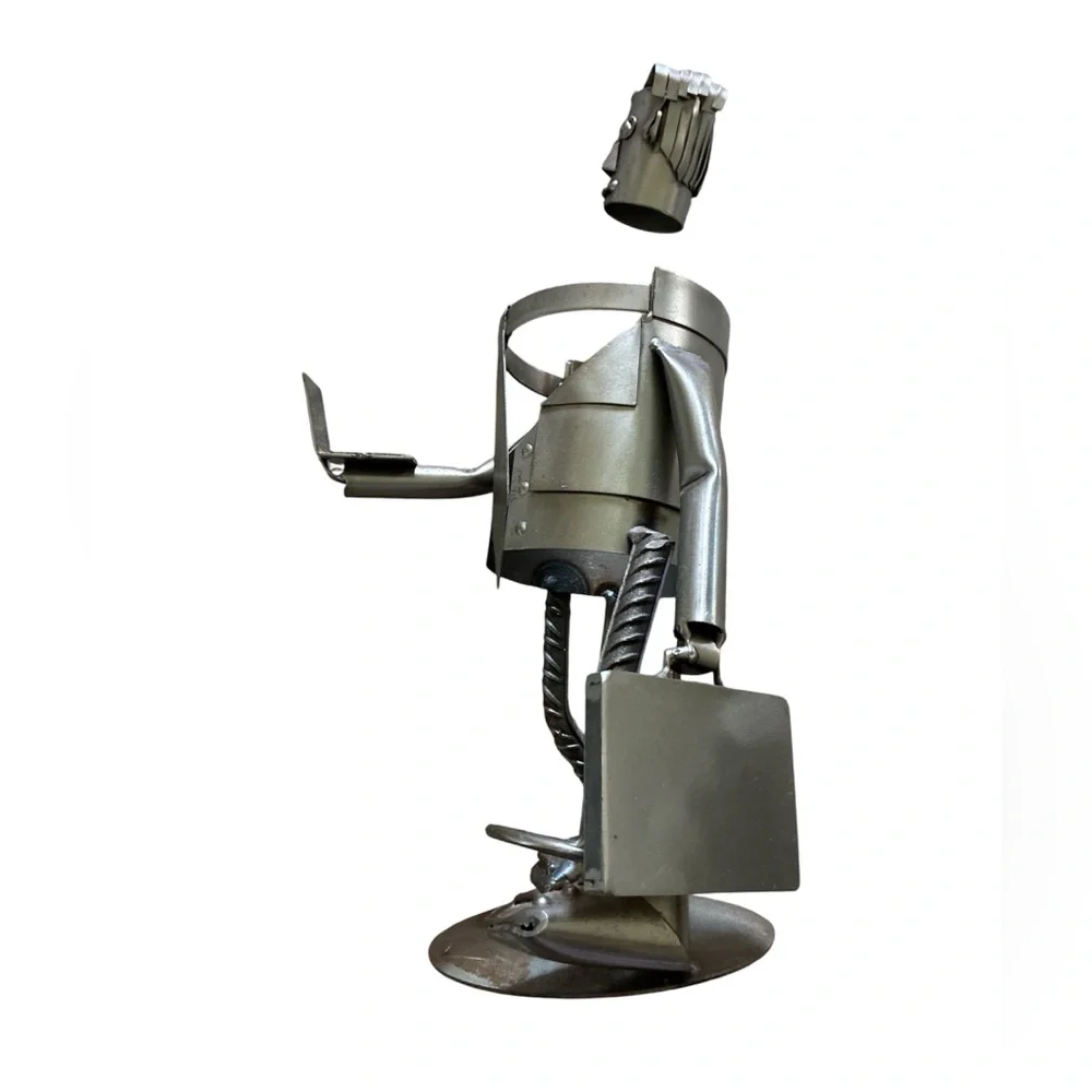 Businessman Wine Bottle Holder Metal Sculpture Laptop Technology Industrial ‘90s